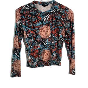 Sun Butterfly Solar Graphic Print Fitted Stretchy Long Sleeve Crewneck T Shirt S